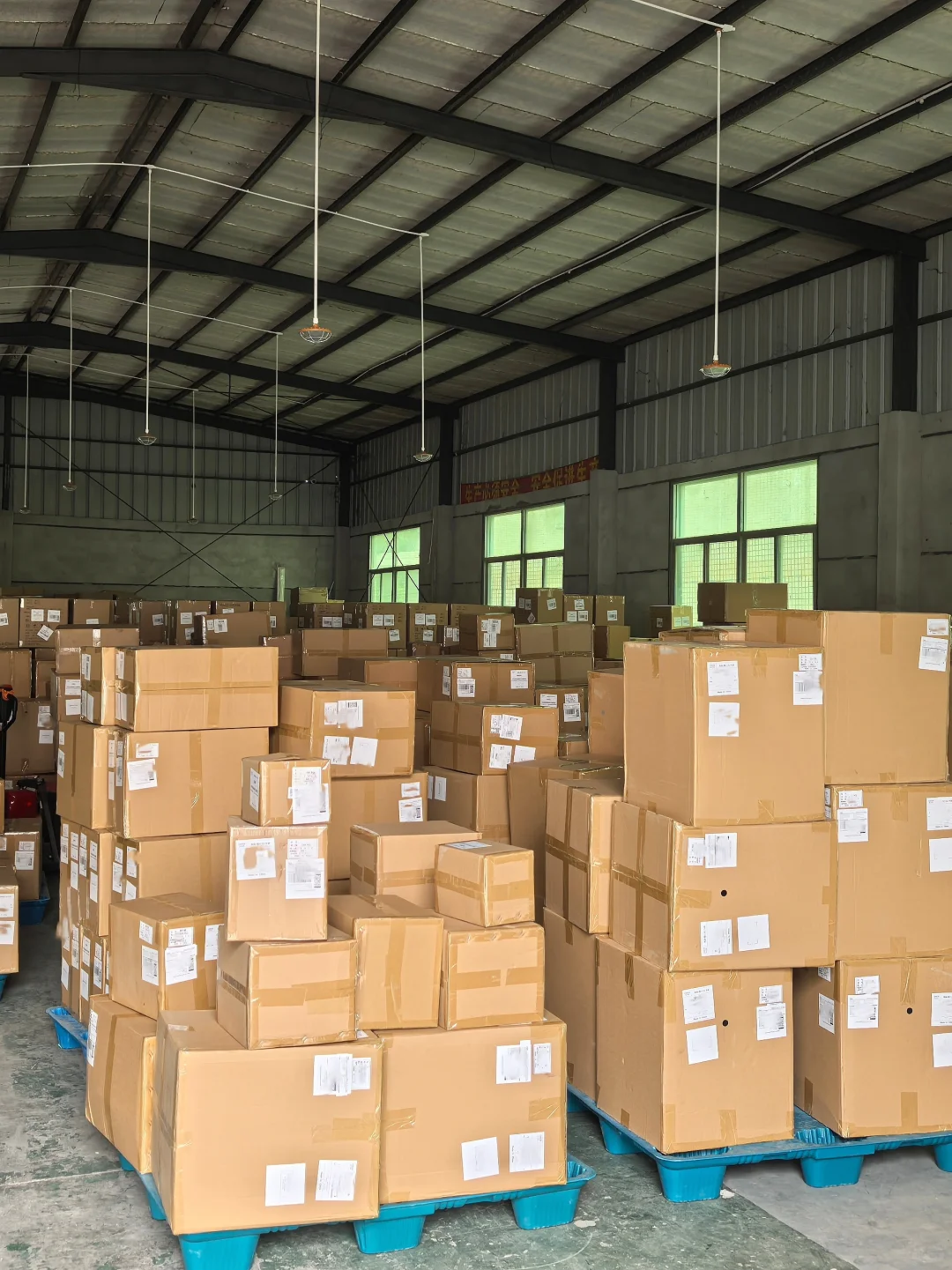 Cartons on pallets inside a cargo handling building