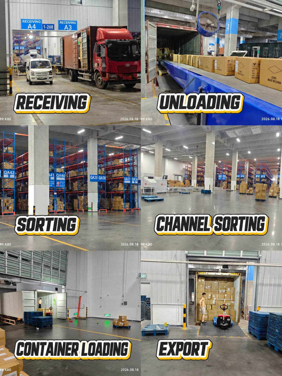 Cargo receiving, unloading, sorting, channel sorting, container loading and export operations