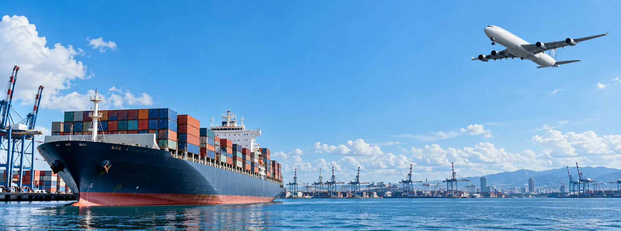 Illustrative container ship and cargo aircraft scene