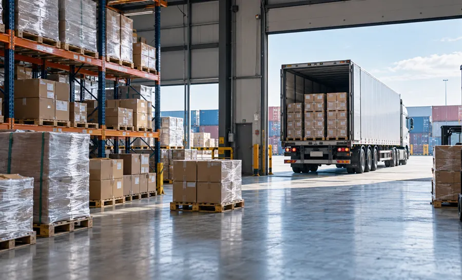 Illustrative Amazon FBA logistics scene